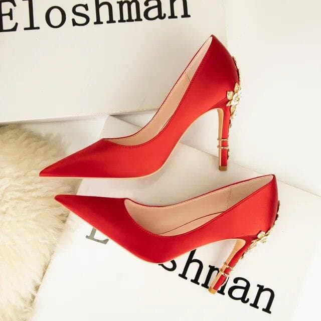 Women's Metal Flowers Stiletto High-heel Shoes Female New Light Luxury Sexy Fashion Wedding Shoes Pointed Toe Satin Single Shoes 34 red