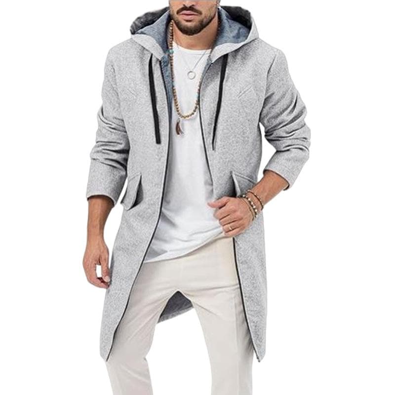 Woolen Men's Coat with Multiple Pockets, Hooded Coat, Zipper Cardigan L