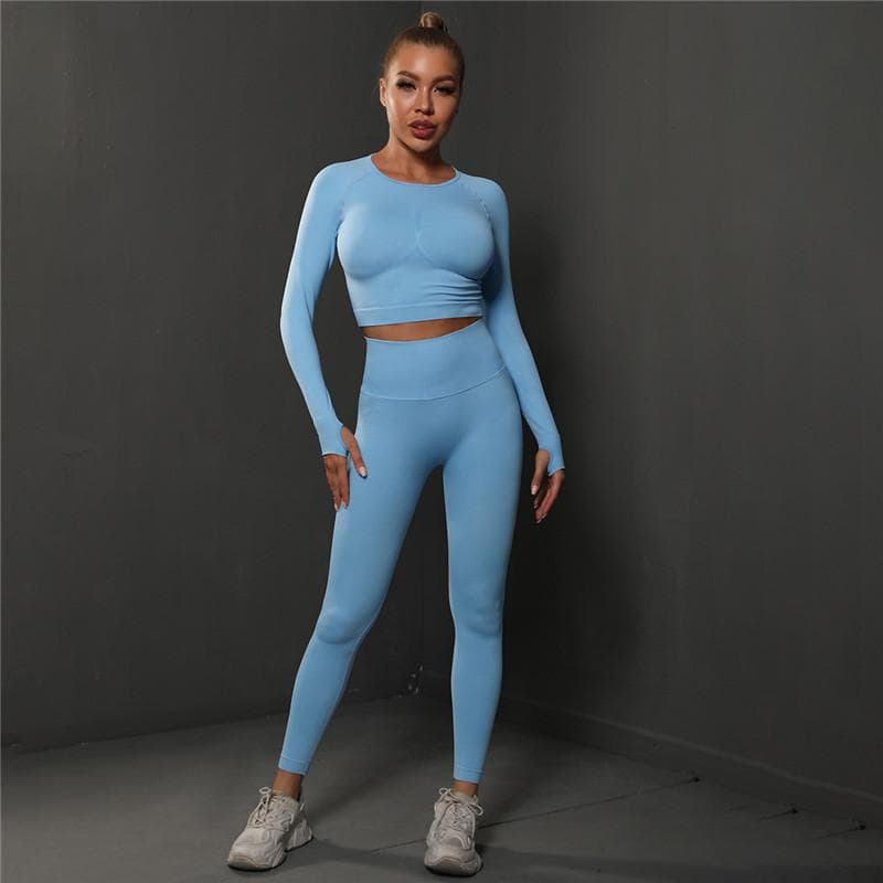 Nessaj Seamless Fitness Suit Women Yoga Set High Waist Gym Tracksuit Scrunch Butt Leggings Sportswear L sky blue