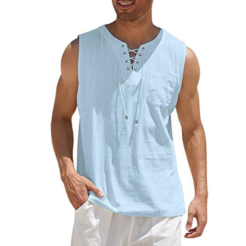 Men Loose Waistcoat Tank Top Vest Lace-up V Neck Sleeveless Pullover Casual Streetwear 2X light blue