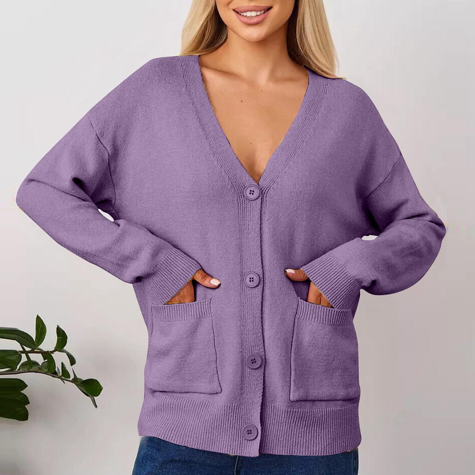 Women's Solid Color Casual Cardigan Sweater With Pockets For Women's Coat M purple