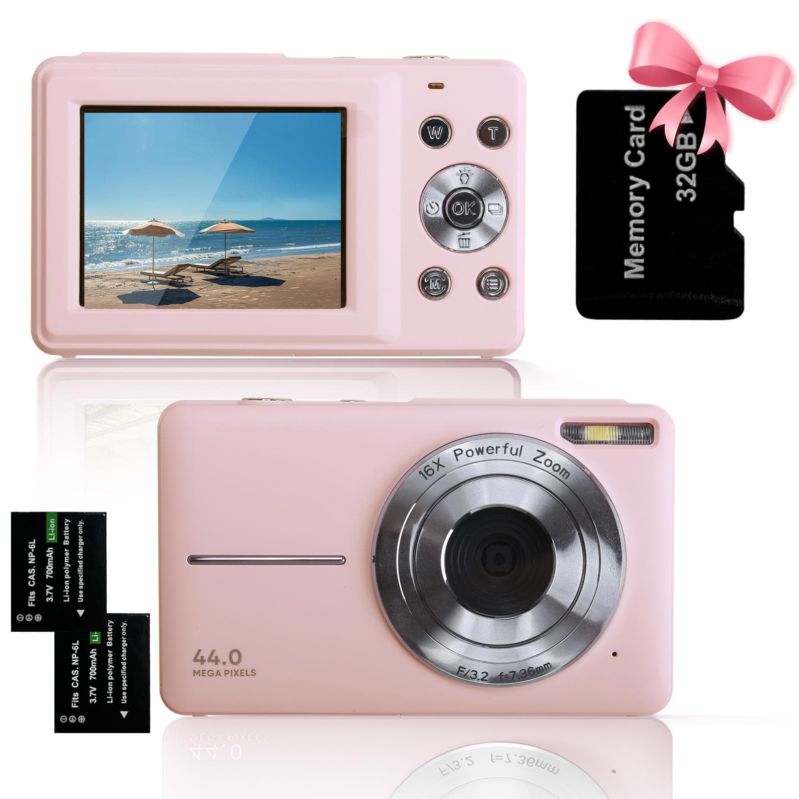 FHD 1080P 44MP Digital Camera for Photography Children with 16x Zoom Compact Cameras Point and Shoot Travel Cameras for Kids pink