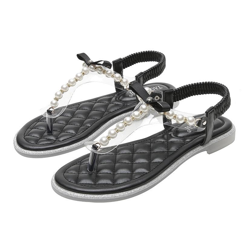 Tong Gentle Style Pearl Flip Flops Flash Diamond Flat Shoes Plus Size Sandals for Women 33 black