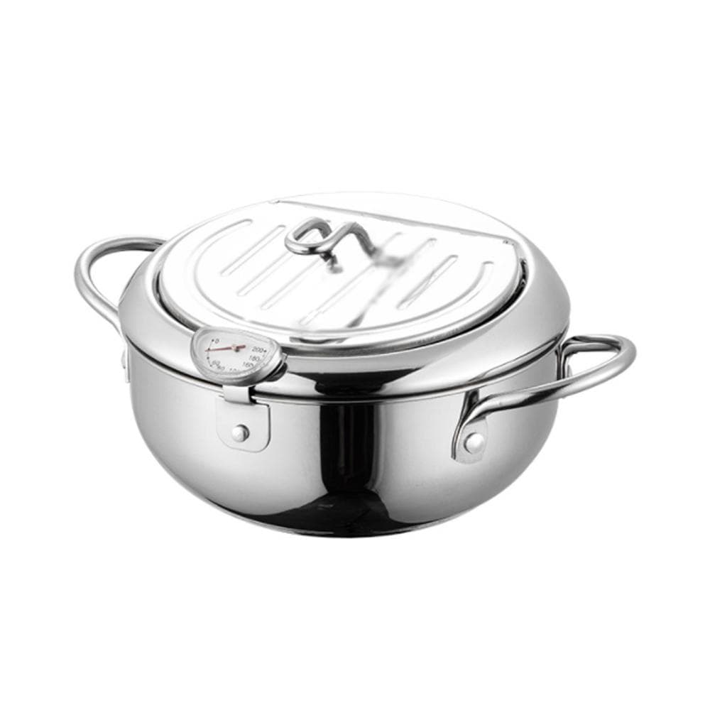 Deep Fryer Pot Japanese Tempura Deep Fryer Stainless Steel Small Frying Pot with Thermometer & Oil 20cm silver
