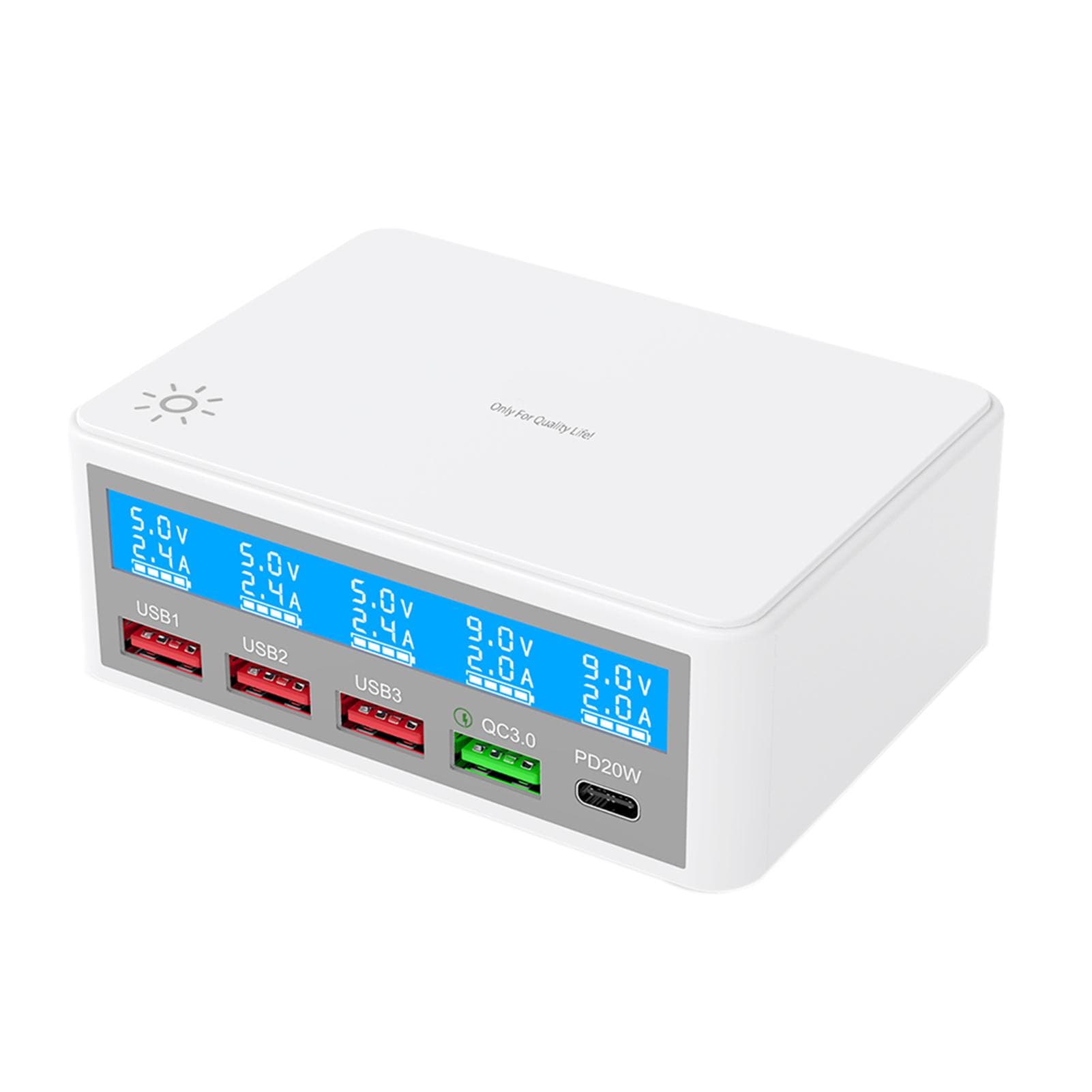 Multiple USB Charger 65W 5-Port USB Charging Stations with LCD Display PD 20W + QC3.0 Fast Charger US Plug
