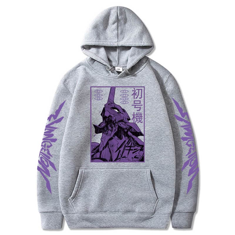 Men Hoodies Anime Evangelion Graphic EVA-00 PROTO TYPE Unisex Oversize Long Sleeve Pullover Sweatshirts Harajuku Streetwear Tops XL grey
