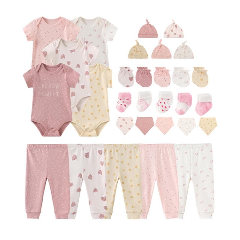 Kiddiezoom 30PCS Newborn clothing set Short sleeve jumpsuit + trousers + hat + bib + gloves + socks Infant Boy Girl top mittens Full Moon Gift Pack 6-9Months pink