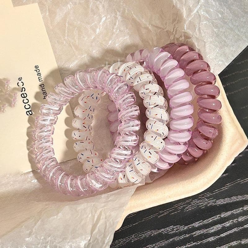 5pcs Set Telephone Cord Scrunchies Spiral Hair Ties Gradient Color Checkered Print Phone Cord Elastic Hair Band Hair Accessories purple