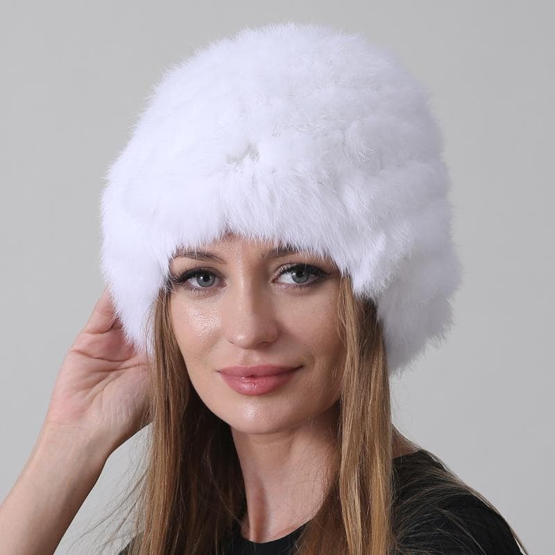 Knitted Rabbit Hat with Natural Fur for Warmth in Winter Elastic (55-60cm) white