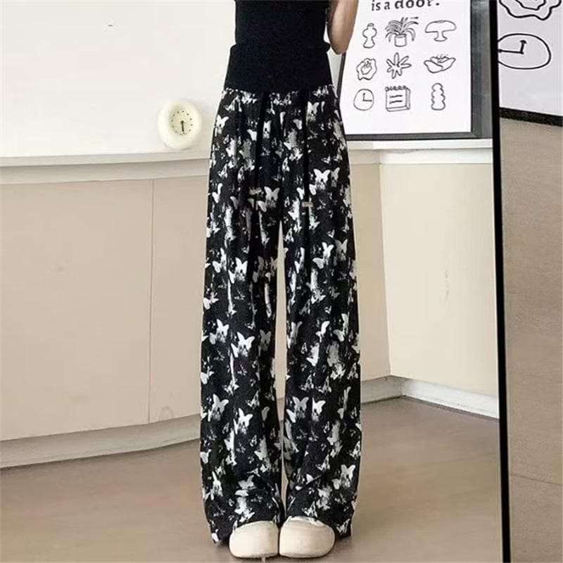 New Chinese Style Ink Butterfly Ice Silk Wide-leg Pants for Summer Chinese Style Pants for Women Thin Casual Draped Straight Floor Pants 4XL black