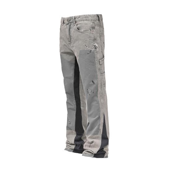 Men's Baggy Bell-Bottom Jeans Elastic Denim Casual Work Pants Vintage Patchwork Flared L light grey