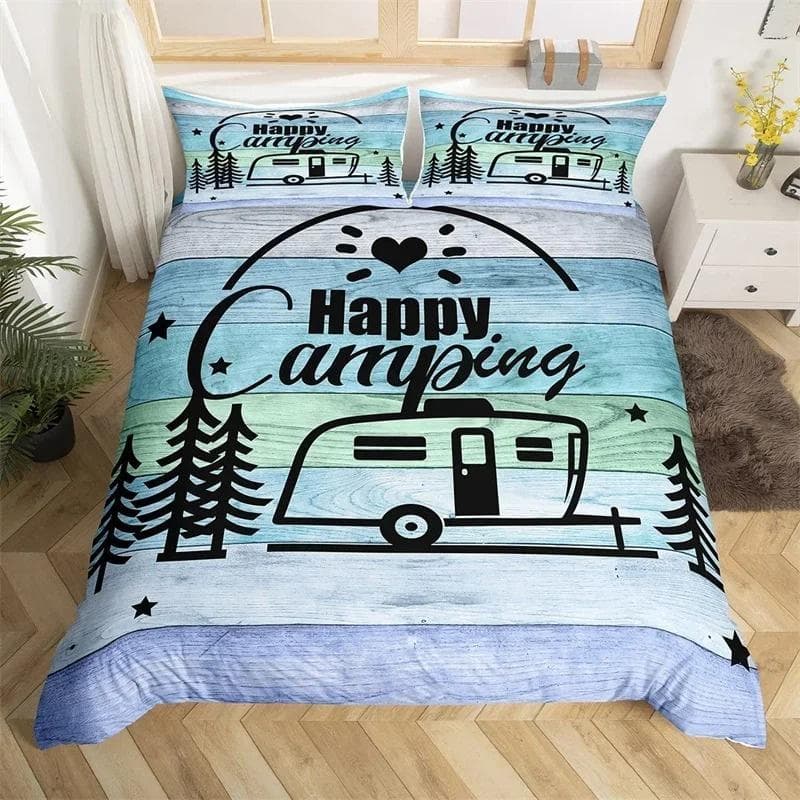 Happy Camping Duvet Cover Queen Cartoon Caravan Camping Bedding Set Farmhouse Style 3D Camper Comforter Cover With Pillowcases 150x200cm 3pcs