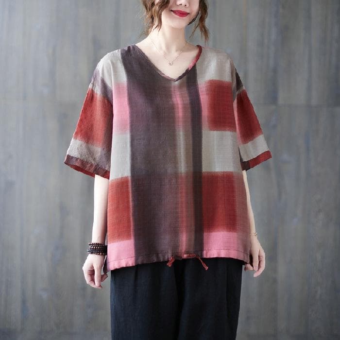 Cotton and Linen Fat Sister Large Size V-neck Plaid Printed Shirt Summer Fresh Literary Peach Heart Five-point Sleeve 3XL red