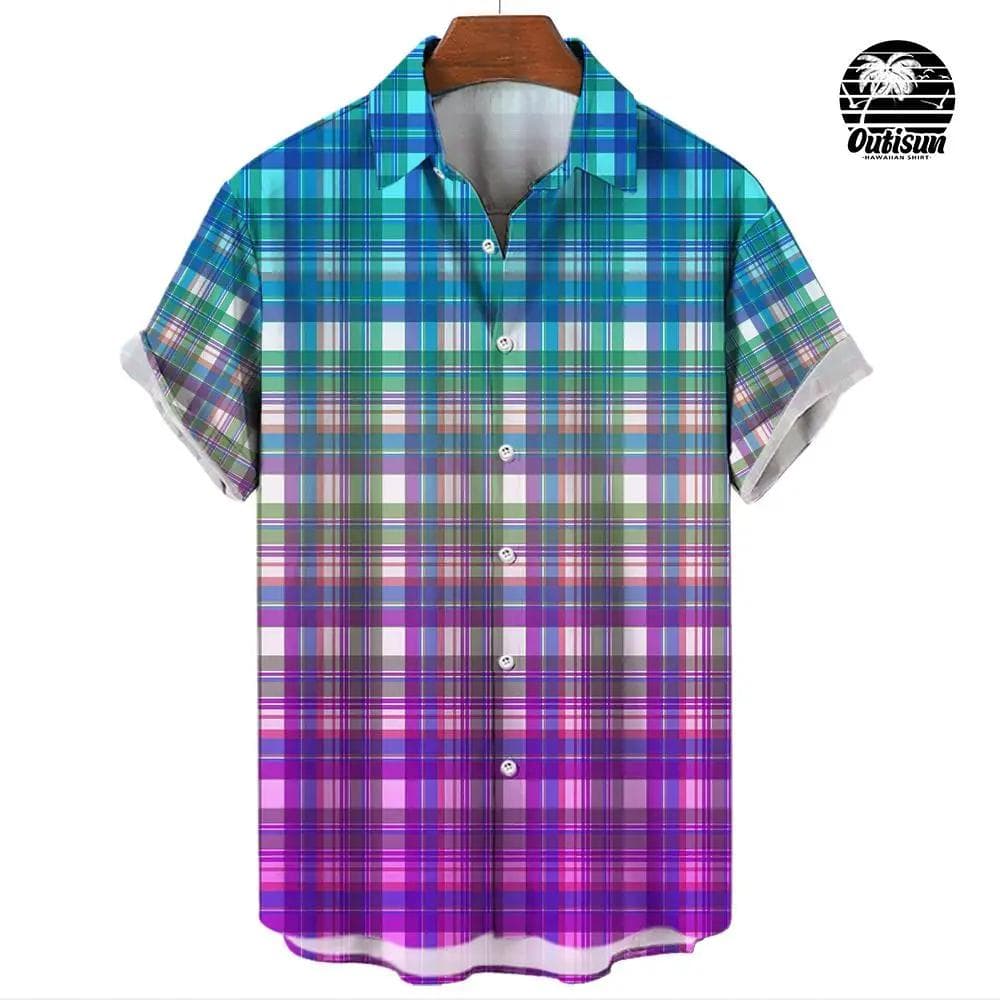 Summer Fashion Plaid Rainbow Print Men's Short Sleeve Casual Shirt Pride Month Party Outfit Tops Street Trend Party Oversized M