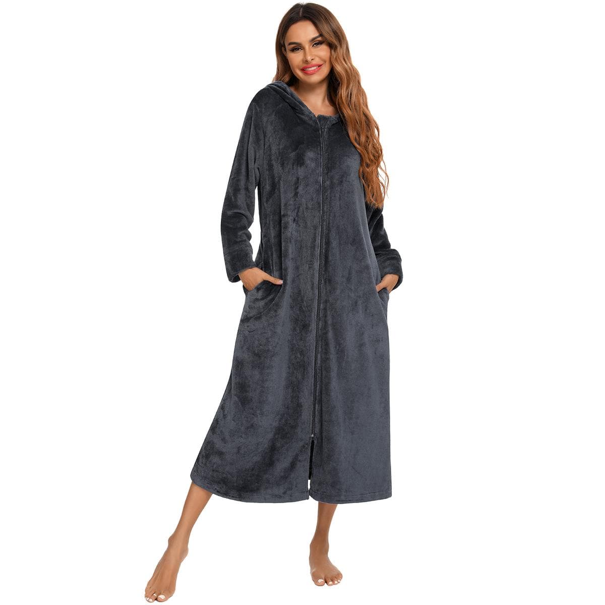 Women's Zip Up Plush Fleece Robe Hooded Warm Long Bathrobe Dressing Gown Winter Cozy Zipper Lounger Sleepwear Housecoat Loungewear Nightgown L grey