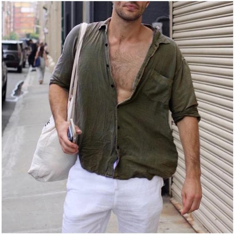 New Popular Men's Lapel Pocket Cotton and Linen Shirt XXXL green