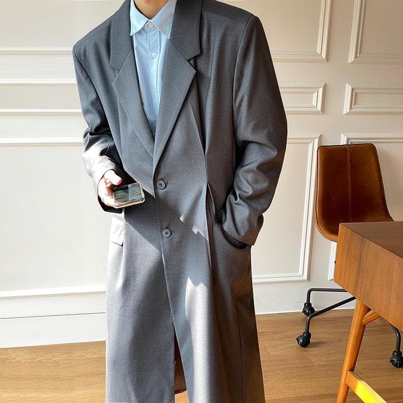 Windbreaker Men's Mid-length Autumn New Men's Korean Style Trendy Loose Over-the-knee Suit Collar Coat 2XL grey