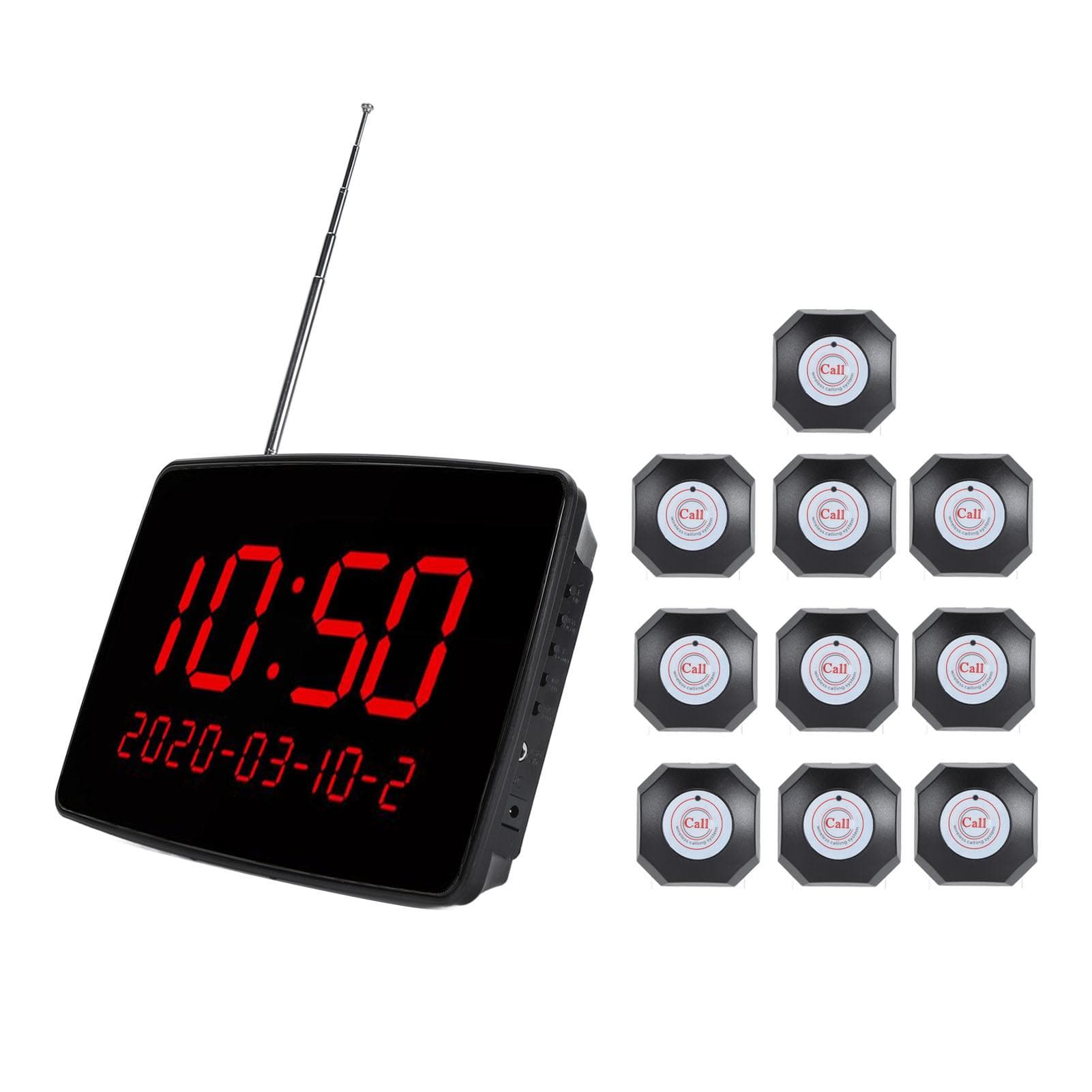 Wireless Calling System Time Display Restaurant Paging Table Bells with 10 Buttons 1 Receiver for US Plug
