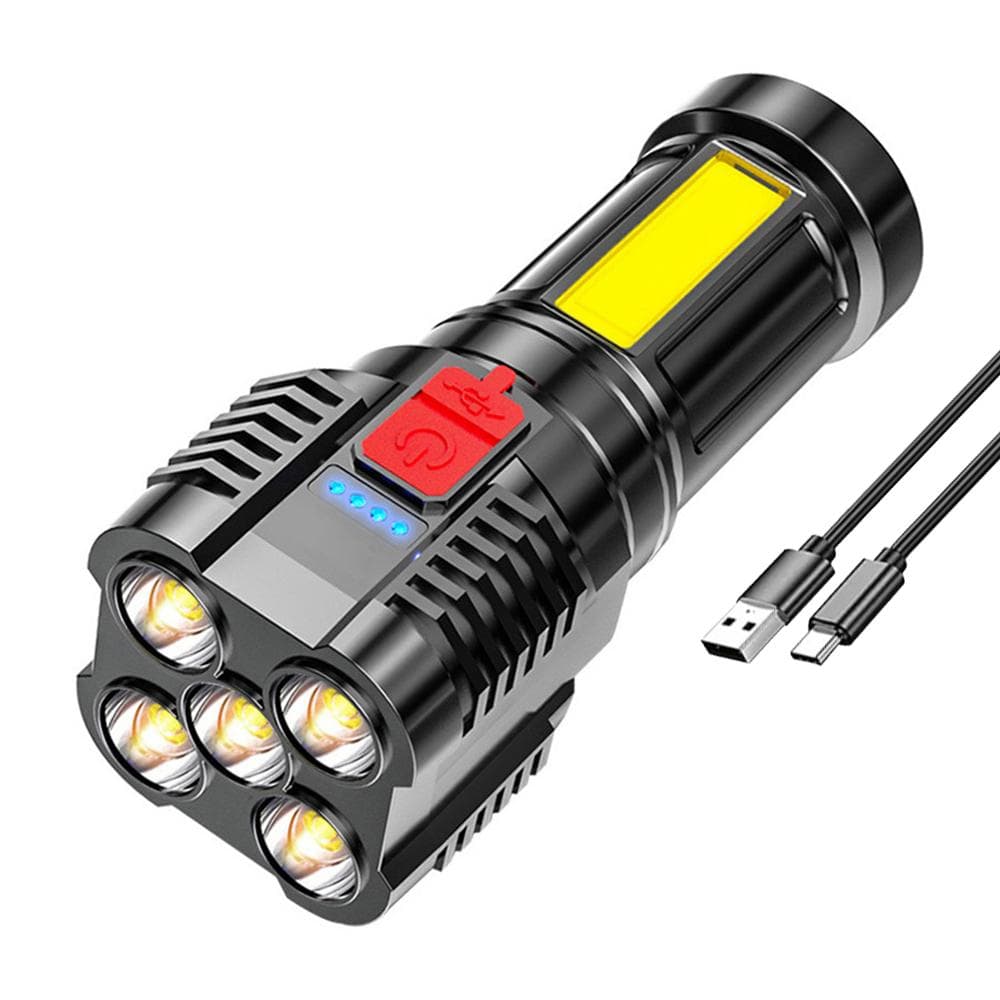 5 LED Flashlight Portable High Lumen Work Light USB Rechargeable Light with Sidelight 4 Light Modes black