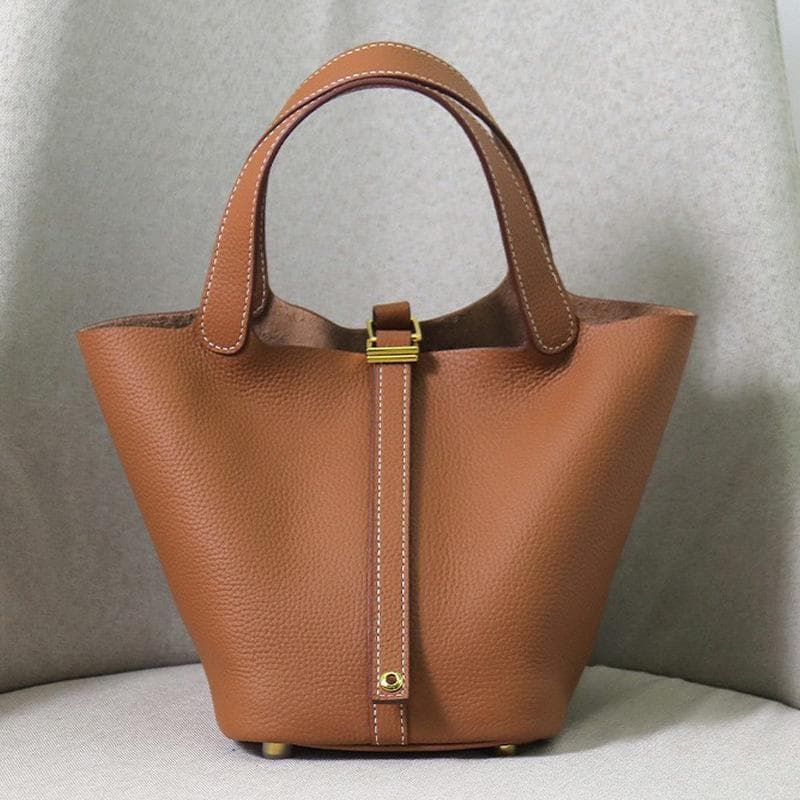 Small Genuine Leather Handbags For Women Designer Tote Bag Without Logo Natural Cowhide Ladies Basket Shopping Bags With Padlock Mini 18x14x19cm brown