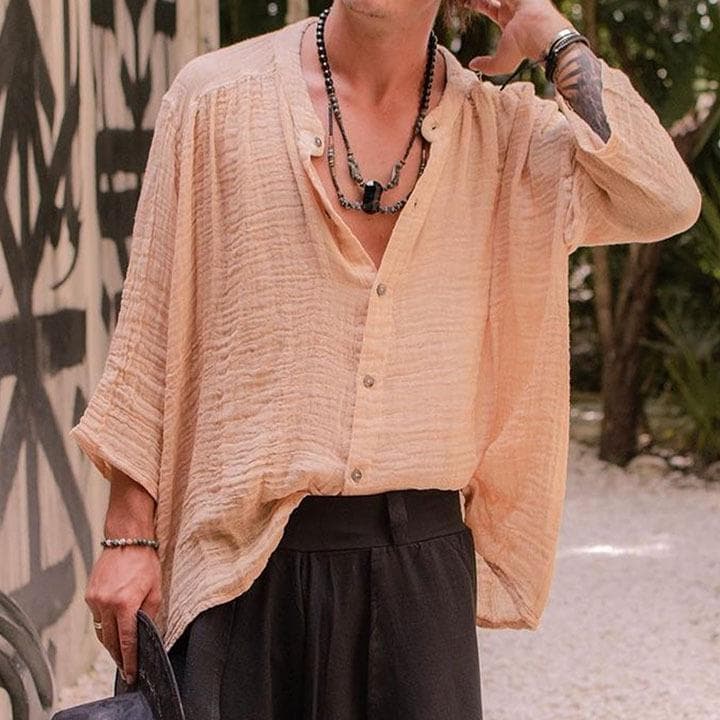Men's Shirt New Solid Color Cotton and Linen Shirt Men's Long-sleeved Shirt Men's XL khaki
