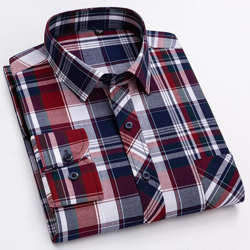 Pure Cotton Mens Plaid Shirts Long Sleeve Busienss Casual Classical Checked Design Fashion 39