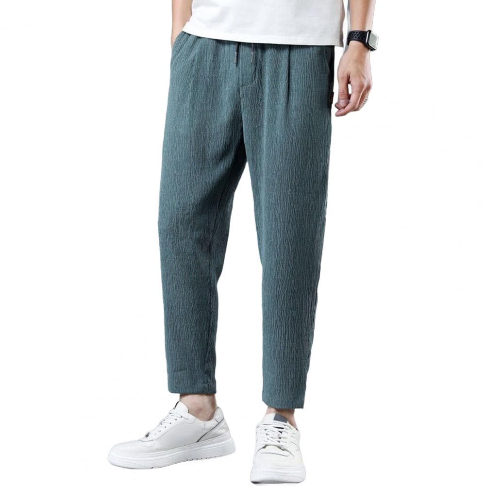 Men Ninth Pants Drawstring Elastic Waist Straight Leg Loose Solid Color Pockets Plus Size Daily Wear Casual Sport Trousers Long M green
