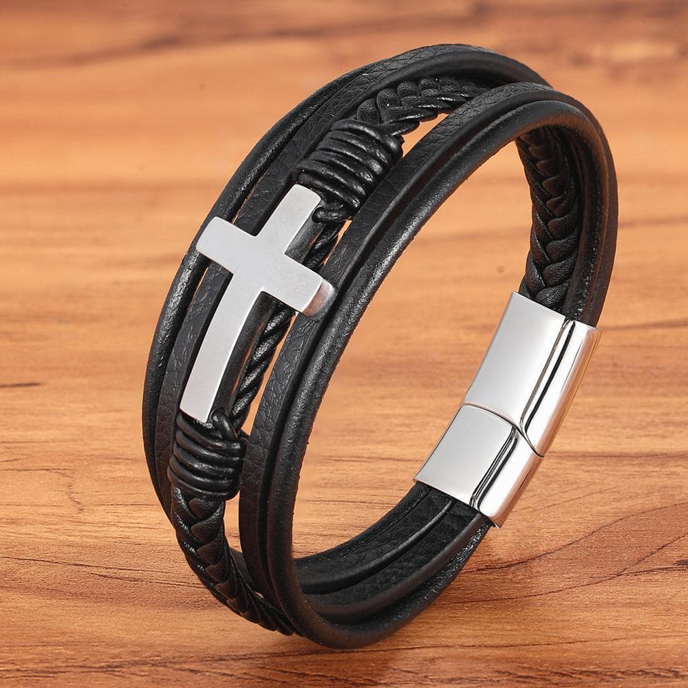 1Pc Cross Leather Bracelet Men's Multi Layered Handwoven Rope Magnet Buckle Leather Bracelet 19cm ivory