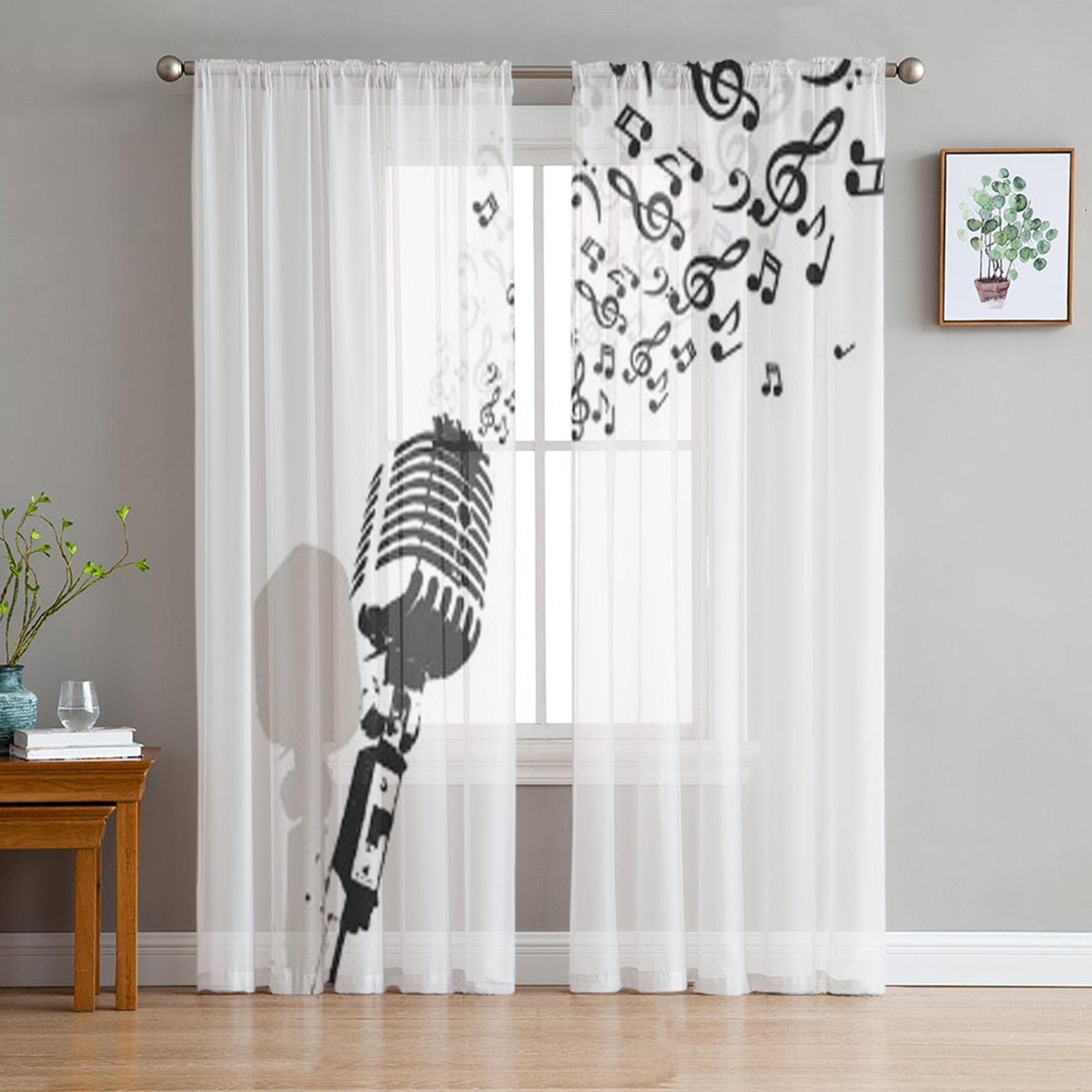 Retro Microphone Music Jazz Radio Or Concert Chiffon Sheer Curtains for Living Room Bedroom Window Curtain Voiles Tulle Cortinas 135W x 114H(cm)
