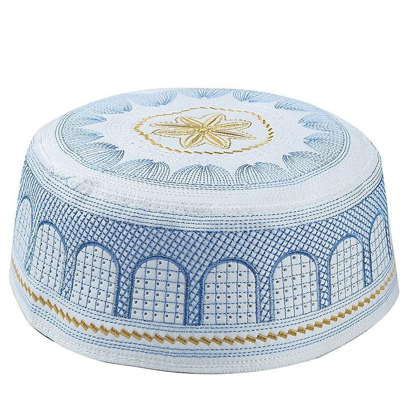 1Pc Muslim Hats Arab Men Prayer Hat Musliman Turban Cotton Embroidery Man Hijab Bonnet 57cm blue