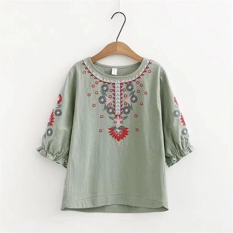 Blusas Femininas Summer Women Blouse Shirt Mori Girl Sweet Flower Embroidery Lantern Sleeve Cotton Linen Blouse Tops Female L green