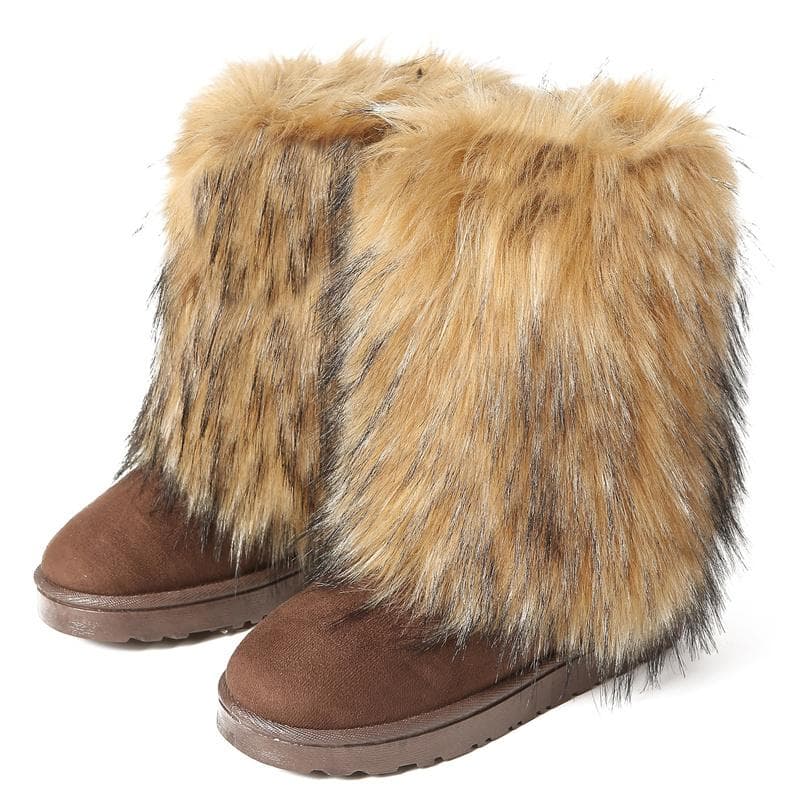 Women's New Winter Fur One-piece Imitation Raccoon Fur Warm Snow Boots Furry Shoes Outdoor Boots 38 brown