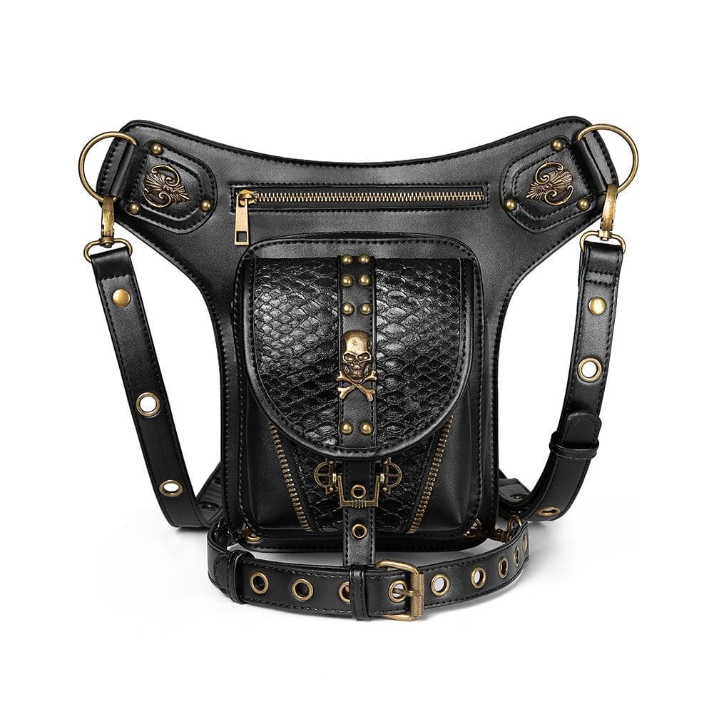 European and American Punk PU Women's Single-shoulder Bag Halloween Outdoor Cycling Tactical Waist Bag Men black