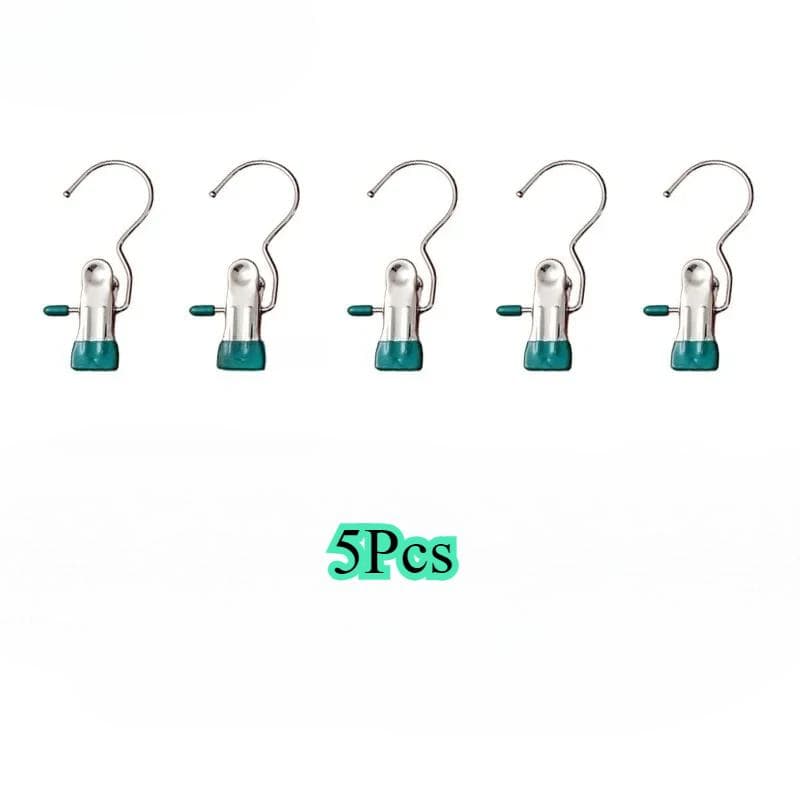 5PCS Stainless Steel Clothespins Laundry Clothes Pegs With Hook Pants Hanger Portable Hanging Clips Closet Clothes Organizer