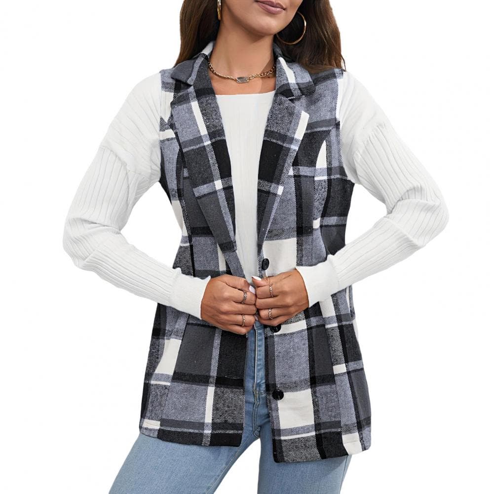 Plaid Suit Vest Plaid Print Vest Coat for Women Retro Waistcoat with Turn-down Collar Button Down Closure Mid Length for Wear S grey