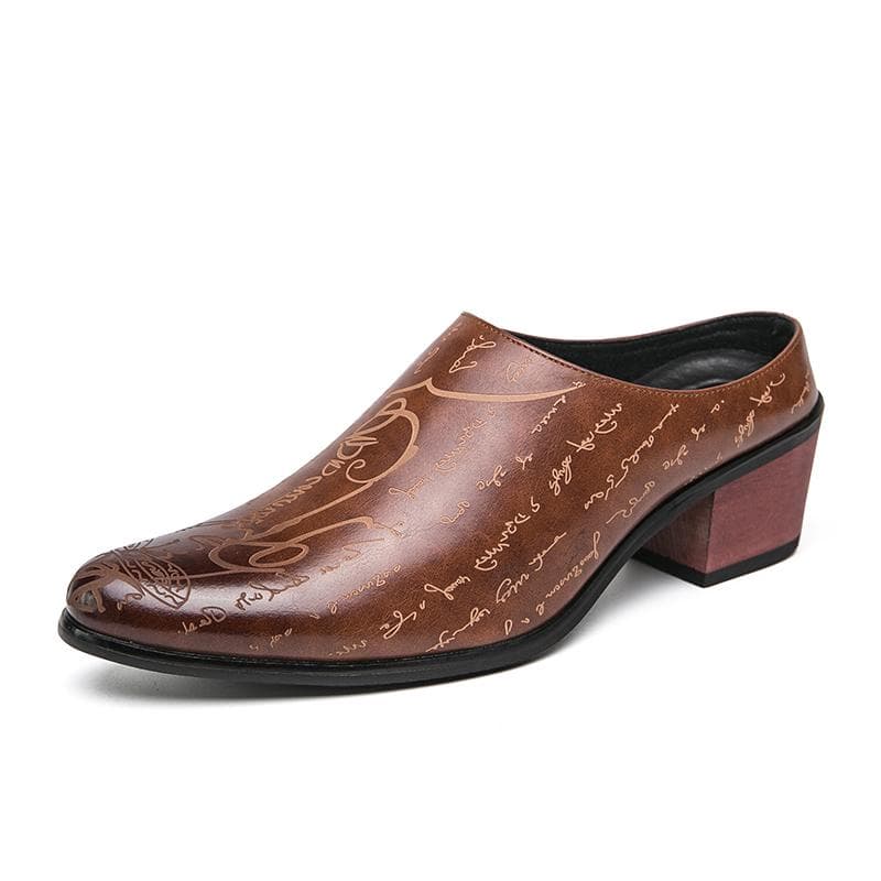 Trendy Classic Retro Men's Genuine Leather Shoes with Printed Design High Heels Half Slippers Versatile Casual Men's Loafers 44 brown