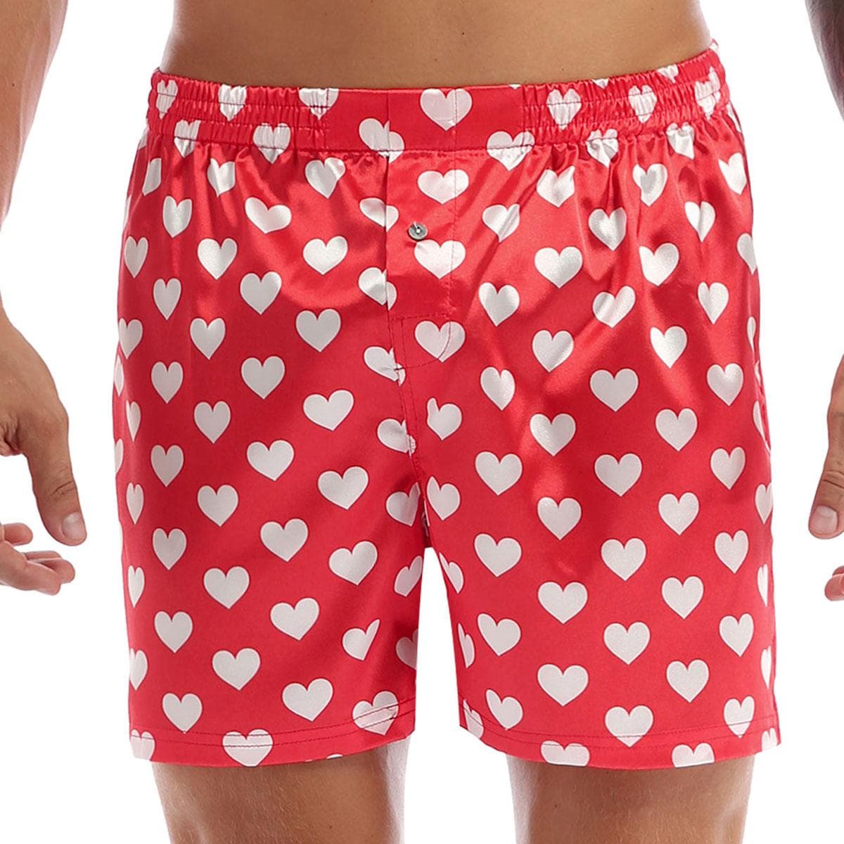 Men's Satin Boxers Silk Sleepwear Underwear Heart Print Shorts Lounge Beach Shorts L red