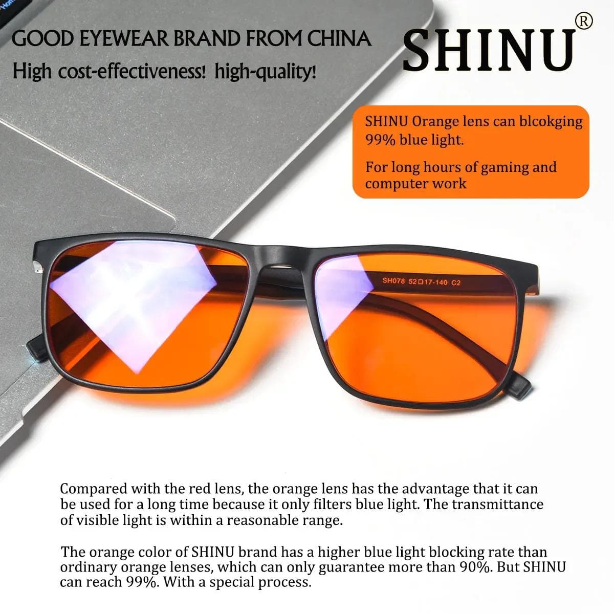 SHINU Red Lens Blue Light Blocking Glasses for Men Protect Eyes from Digital Strain Improve Sleep Quality