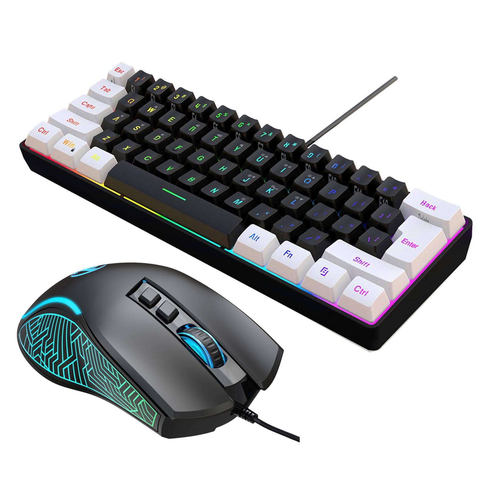 HXSJ V700BW+X100 USB Computer Keyboard and Mouse Kit with 61-key Wired RGB Backlight + Wired Gaming black