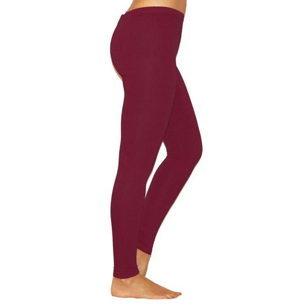 (M-4XL) Women Stretchy Leggings Solid Color Pencil Pants High Waist Slim Tights Trousers M wine red