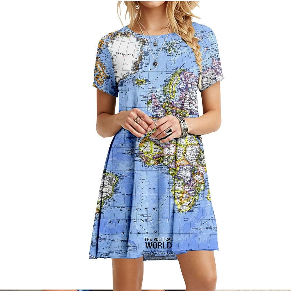 New Clothing For Summer Women World Map Dress Casual O-Neck Short Sleeve Loose Oversize Dress Fashion Ladies 3D Printed Dresses L