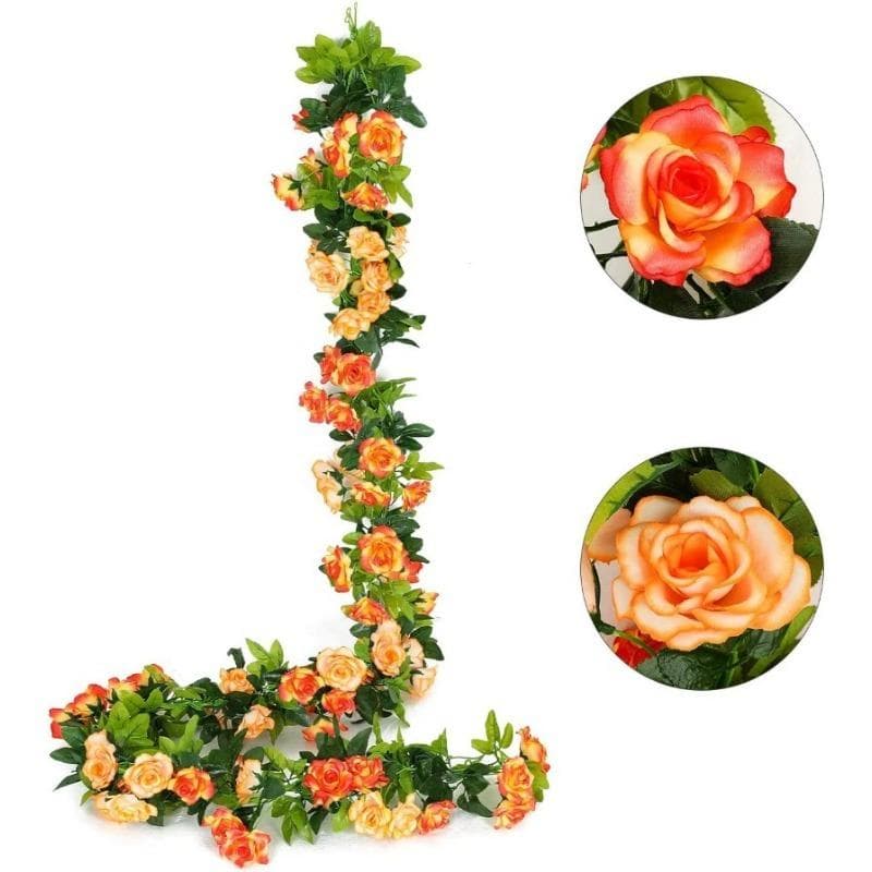2 Pcs 240cm Vine Green Leaves Garland Artificial Rose Flowers Fake Plant Vine for Wedding Arch DIY Garden Wall Home Party Decoration orange