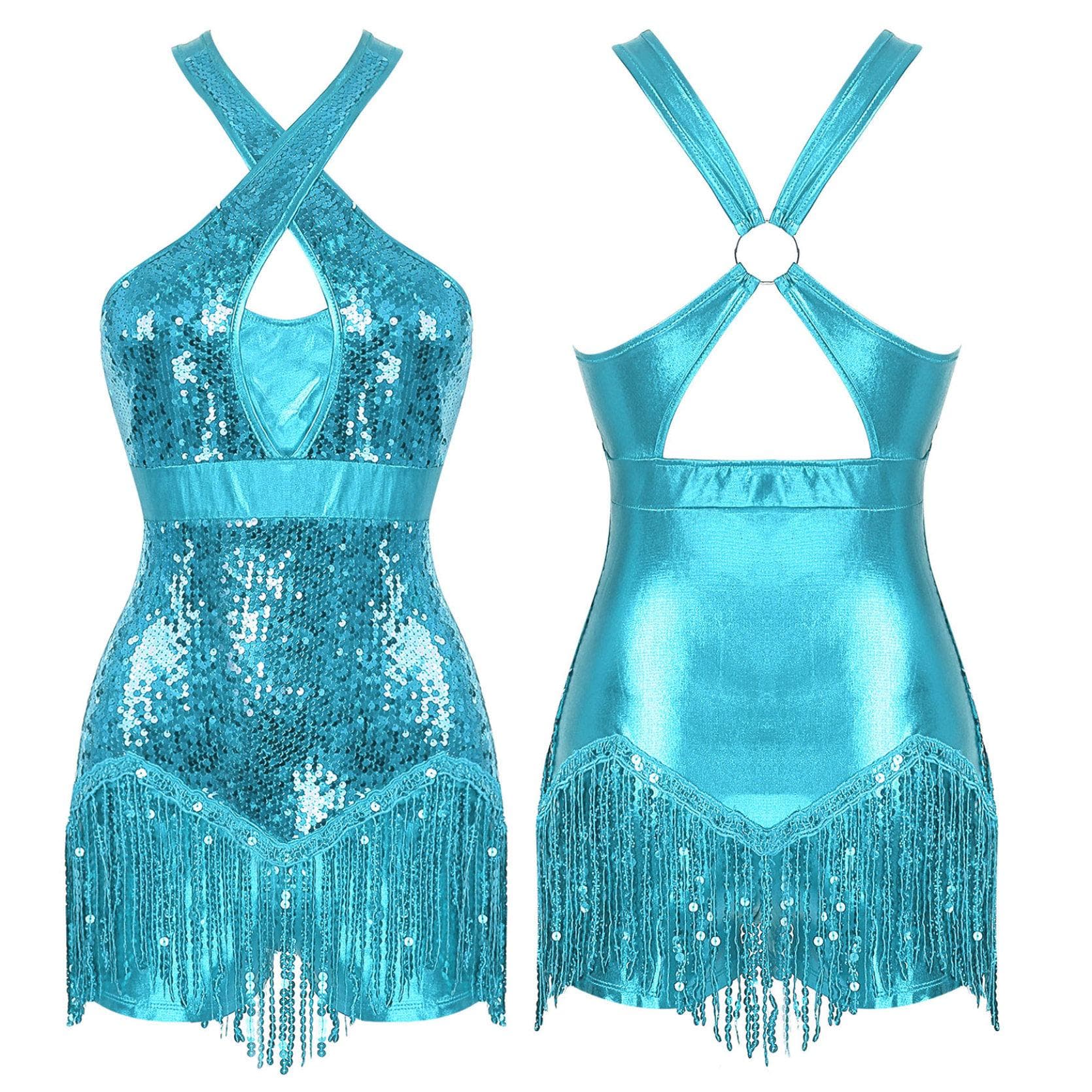 Women's One Piece Tassels Shiny Sequins Ballroom Latin Dance Leotard Flowy Fringe Bodysuit Dancewear XL sky blue