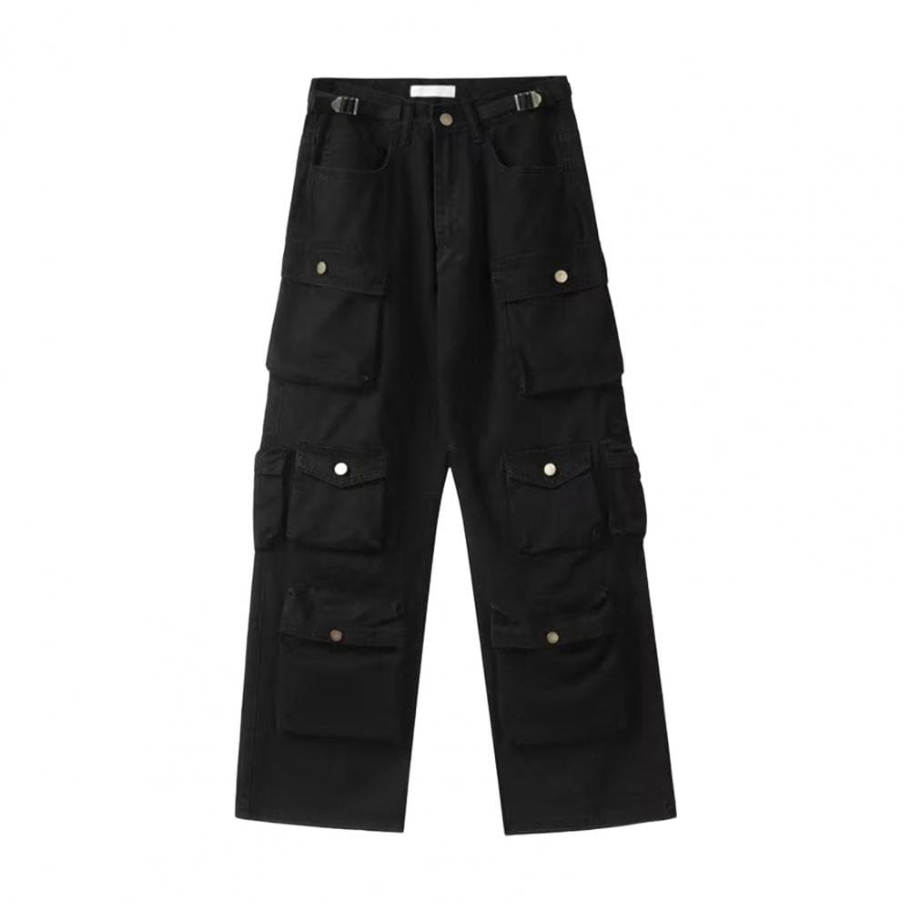 Unisex Cargo Pants Loose Adjustable Waist Solid Color Wide Leg Straight Multi Pockets Streetwear Outdoor Travel Trousers M
