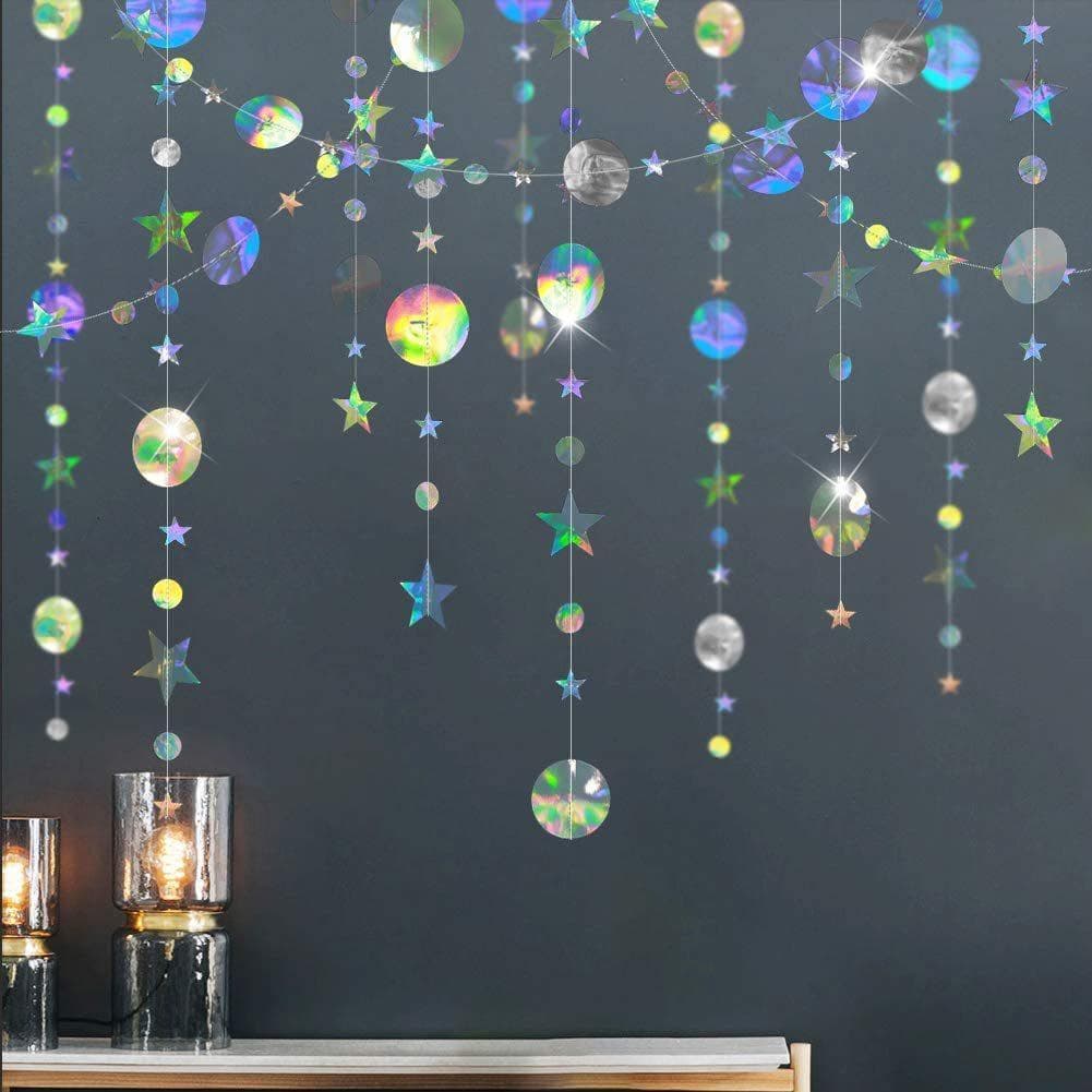 Laser Mirror Paper Star Dot Garland For Wedding Kids Mermaid Birthday Party Decoration Baby Shower Christmas Hanging Banner star&round