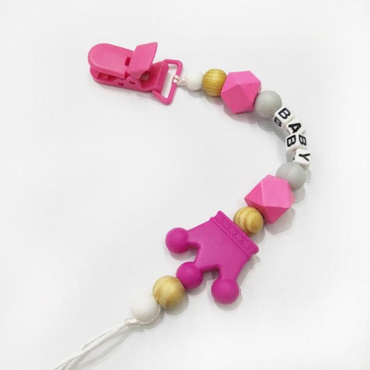 Baby Pacifier Clip Chain Infant Nipple Holder Wooden Beaded Crystal Nipple Leash Strap Metal Pacifier Clips Soother Chain B style rose red