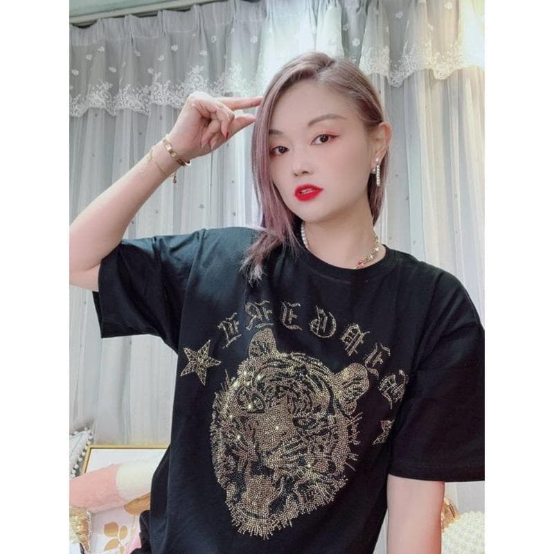 Short-sleeved T-shirt for Women's Trendy Pure Cotton Heavy Industry New Ironing Diamond Tiger Head Medium Length Loose Half-sleeved Top XXXL black