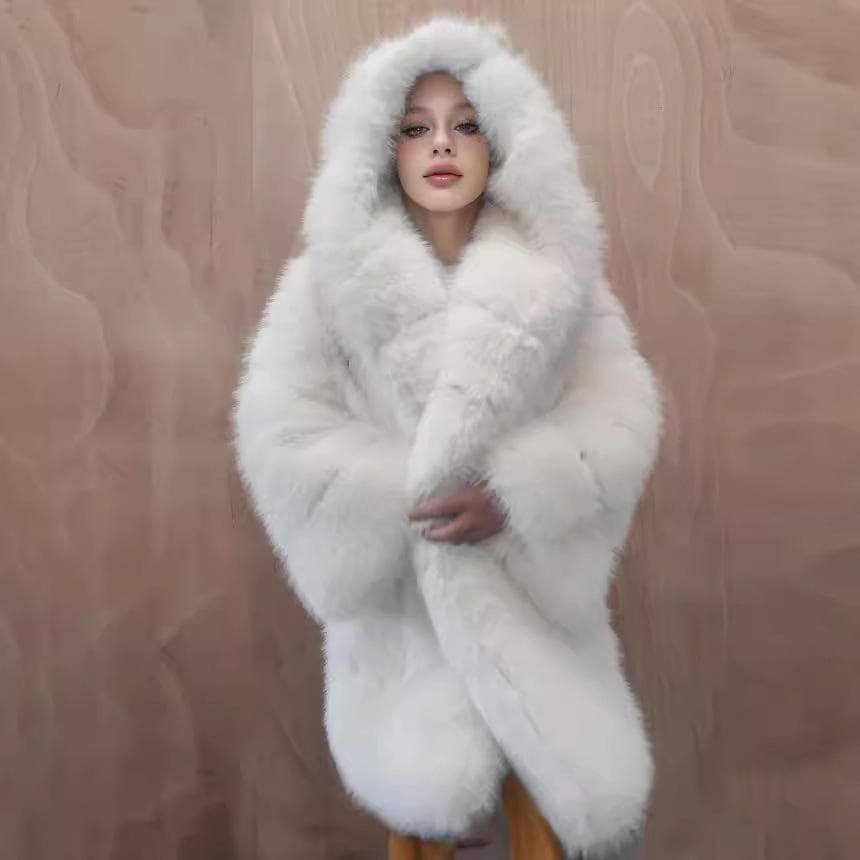 Jacket Hooded Splicing Women's Medium and Long Large Size Loose Warm Fox Hair Jacket Imitation Fur Jacket M
