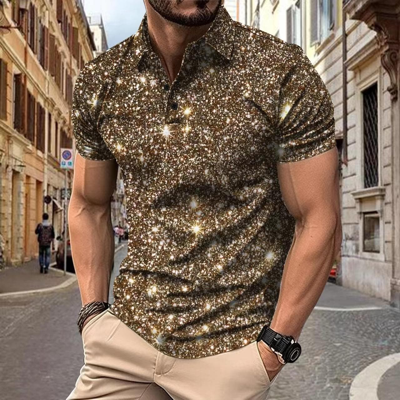 Men's Polo T-shirts Fashion Casual Short Sleeve 3D Sparkle Sequins Print Male Sports Shirt 3XL khaki
