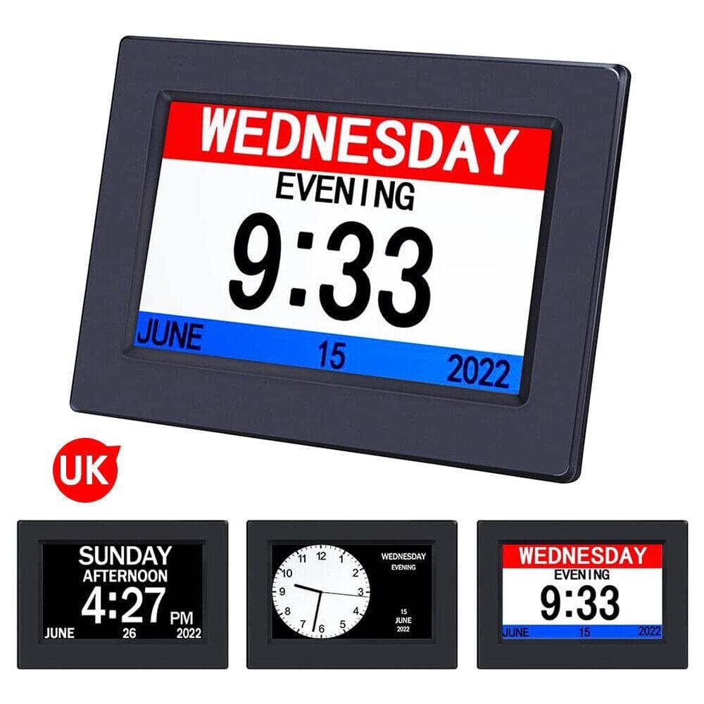 7in Digital Alarm Clock Large Day Date Calender LCD Display Dementia Memory Loss black